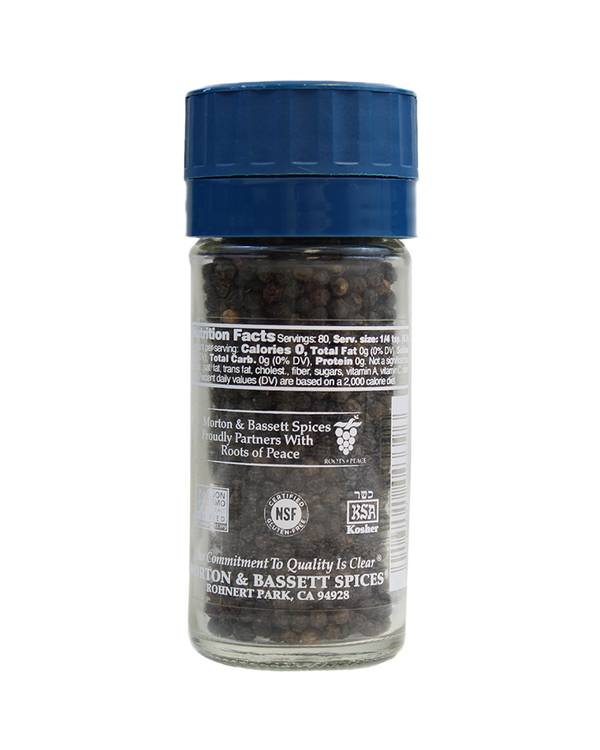 Peppercorns, Black - Organic (Whole) with Grinder back