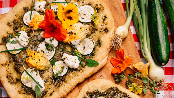 Morton & Bassett Grilled Pesto Pizza with Squash Blossoms