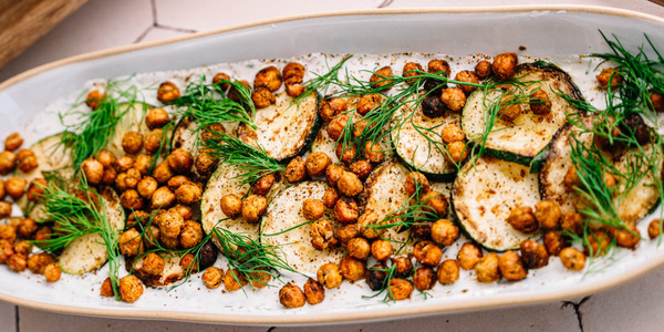 Curry Chickpeas and Zucchini with Garlic Dill Sauce