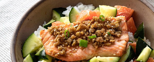 Salmon Bowls with Cucumber & Orange in a bowl