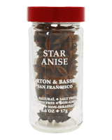 Jar of star anise with a red lid and clear container, featuring the brand 'Morton & Bassett'