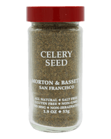 Jar of celery seed with a red lid and Morton & Bassett branding 