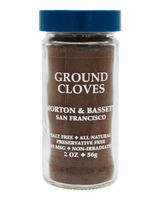 Jar of ground cloves with blue lid and Morton & Bassett branding