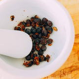 White mortar and pestle with dried berries on a wooden surface