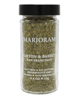 Clear glass jar of marjoram by Morton & Bassett, San Francisco. Label highlights: salt-free, all-natural, preservative-free, MSG-free, non-irradiated.