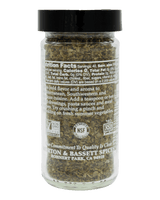 Glass jar of Morton & Bassett Spices with dried herbs inside. Label shows nutrition facts and certifications like Non-GMO and Kosher.
