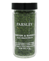 Morton & Bassett Parsley flakes in 0.28 oz glass jar, front label
