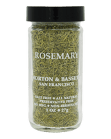 A clear glass spice jar filled with dried rosemary stems and topped with a black lid, labeled 'ROSEMARY' and 'MORTON & BASSETI SAN FRANCISCO' on a black background.