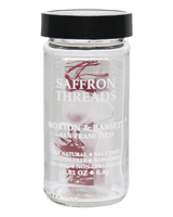 Morton & Bassett Saffron Threads in a clear glass jar with black lid, 0.01 oz premium saffron.