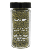 Morton & Bassett Savory herb in a clear glass jar with black lid, 0.8 oz dried savory.