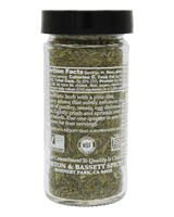 A clear plastic spice jar filled with dried green herbs, sealed with a black lid, and photographed against a solid black background. The front label reads Morton & Bassett Spices.