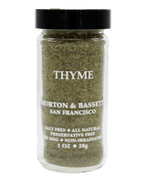 A 1 oz glass jar of Morton & Bassett San Francisco Thyme with a black lid