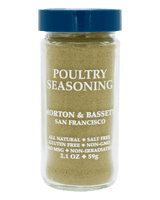 A clear plastic spice jar filled with Morton & Bassett Poultry Seasoning, featuring a dark blue lid and white text on the front