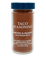 A bottle of Morton & Bassett San Francisco Taco Seasoning with a blue cap and white text