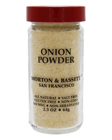 A clear glass jar of Morton & Bassett onion powder with a red lid, shown 