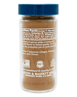 A bottle of Bayonne & Bassett Spices blend spice mix, showing the back of the clear plastic bottle with nutrition facts and branding, topped with a blue cap