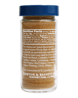 A clear plastic spice jar with a blue screw cap, showing the back Nutrition Facts label on a black background. The label indicates the product is Moroccan Spice blend by Morton & Bassett.