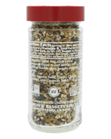 A clear plastic spice jar filled with a brown and beige seasoning mix, topped with a red lid
